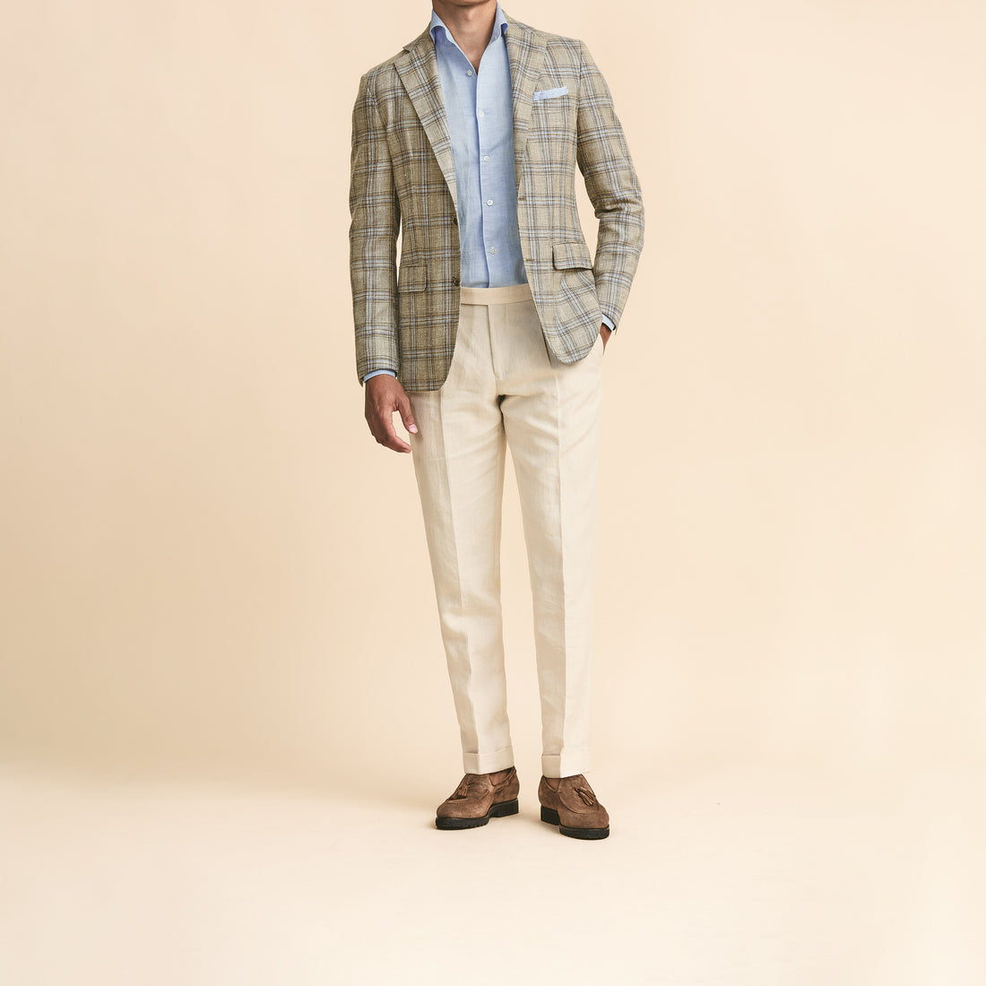 Sport Coat - Taupe Wool-Silk Linen Blend Check with Light Blue Overcheck 9101