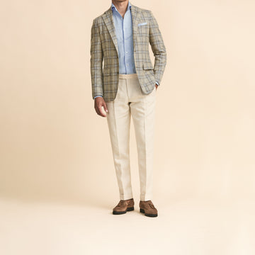 Sport Coat - Taupe Wool-Silk Linen Blend Check with Light Blue Overcheck 9101