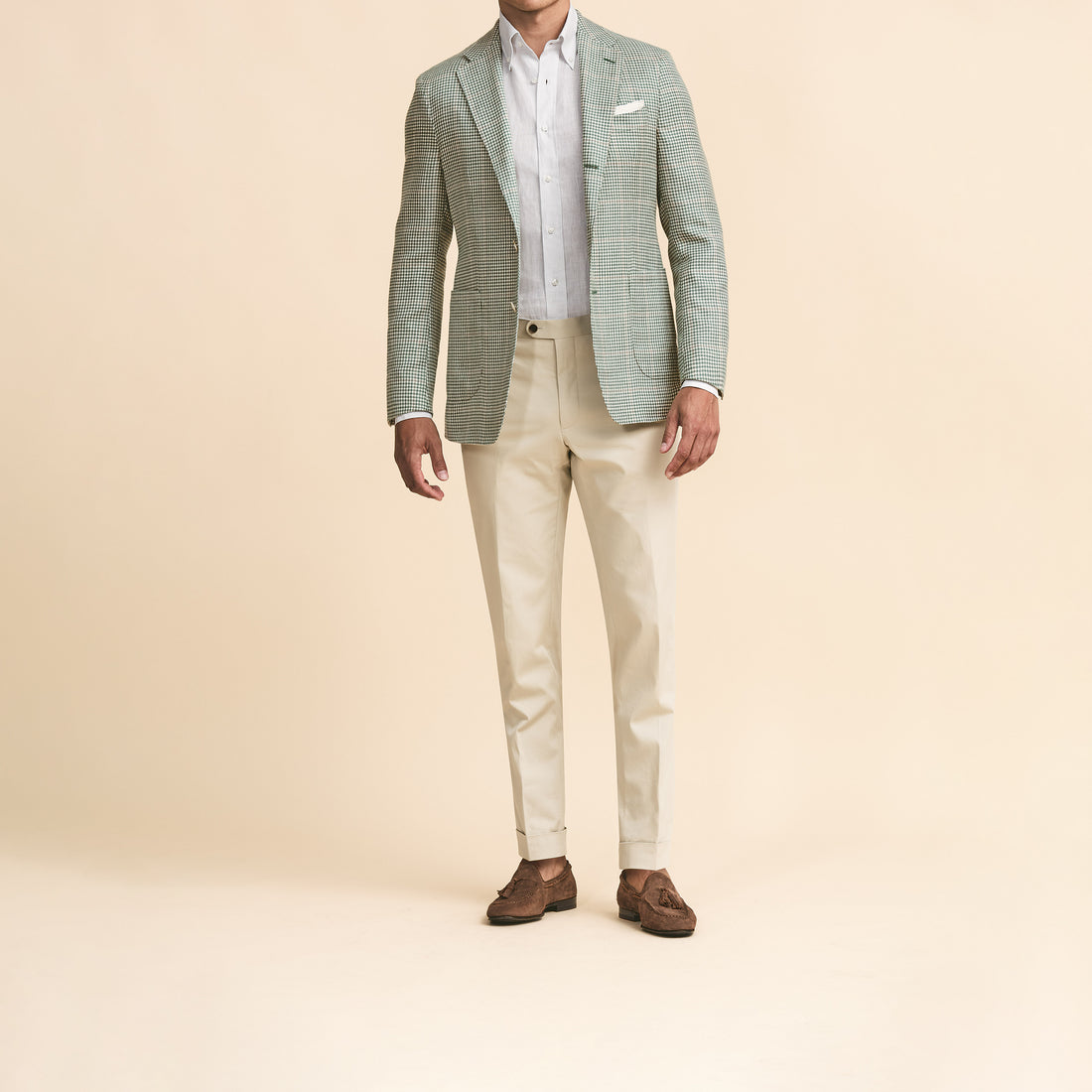 Sport Coat - Light Green-Ivory Wool-Silk-Linen Houndstooth with Sand Windowpane 9118