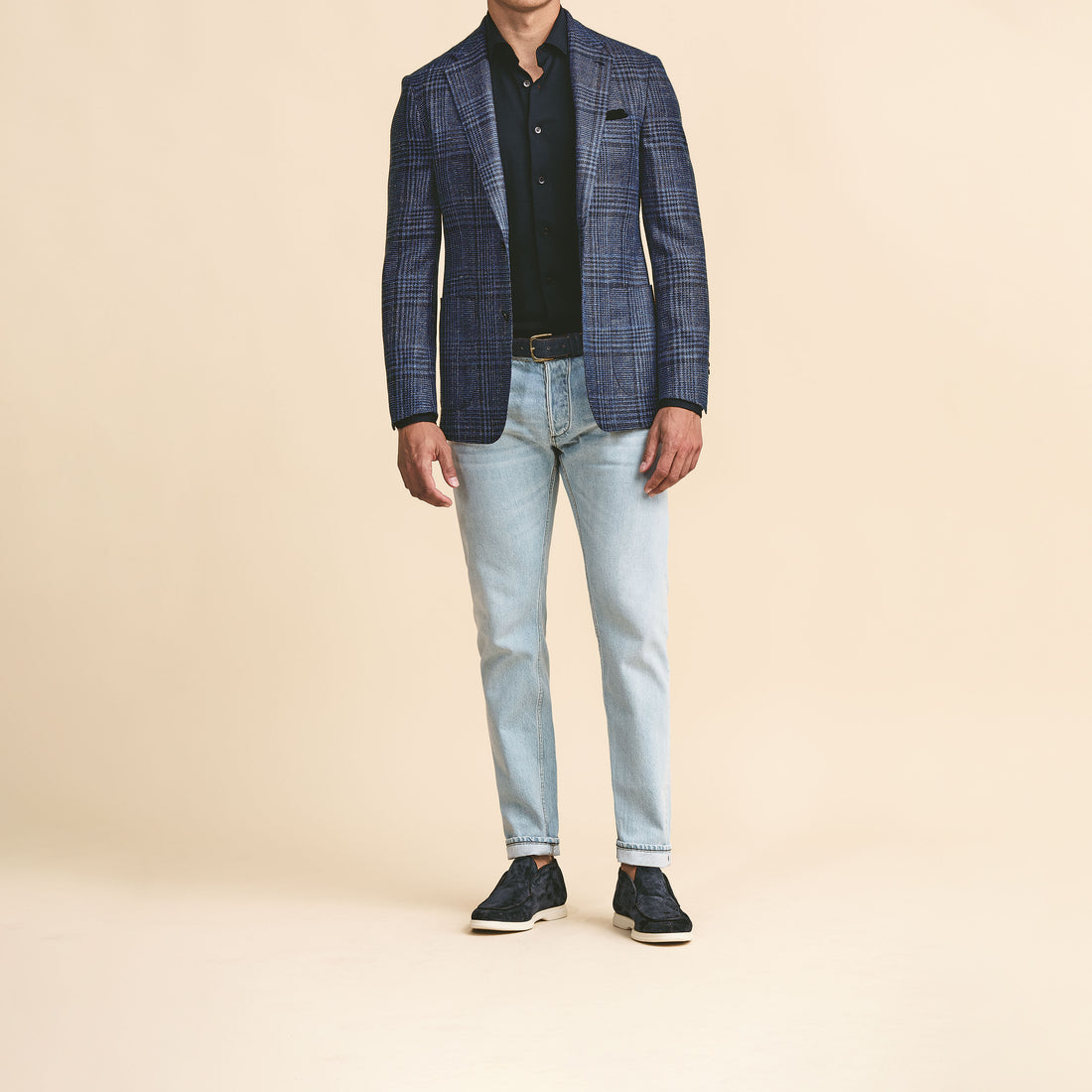 Sport Coat - Indigo Wool-Silk-Linen with Navy Glencheck fabric by Loro Piana 9129